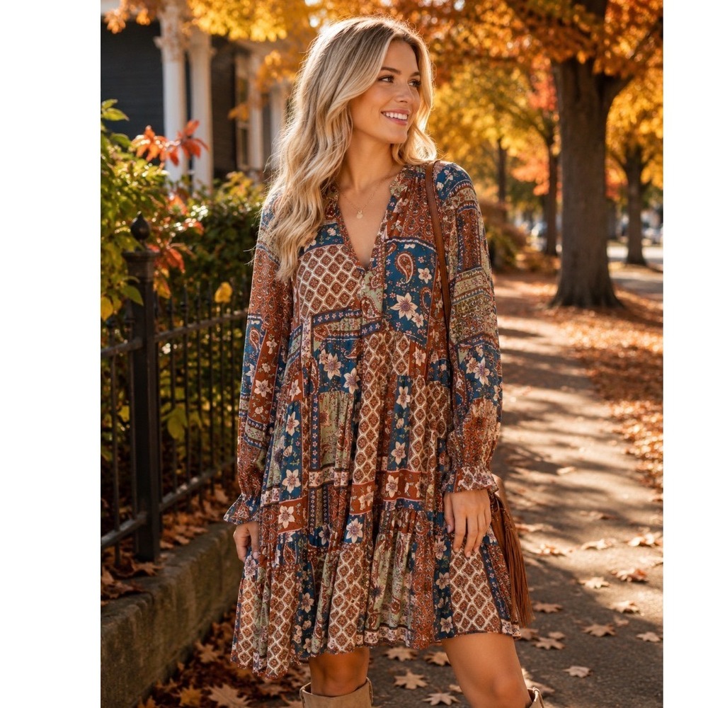 Jaase Boho Patchwork Paisley‎ Floral V-Neck Tiered Mini Dress Smocked Cuffs XS